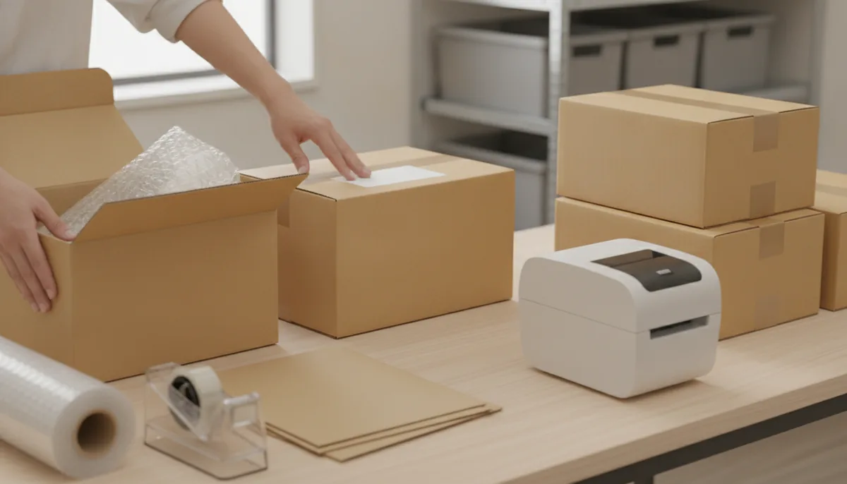 作業台の上で、緩衝材で包んだ商品を段ボールに詰め、封をした箱に発送ラベルを貼っているところ。奥には出荷を待つ箱と整理された棚が並ぶ（イメージ画像）
